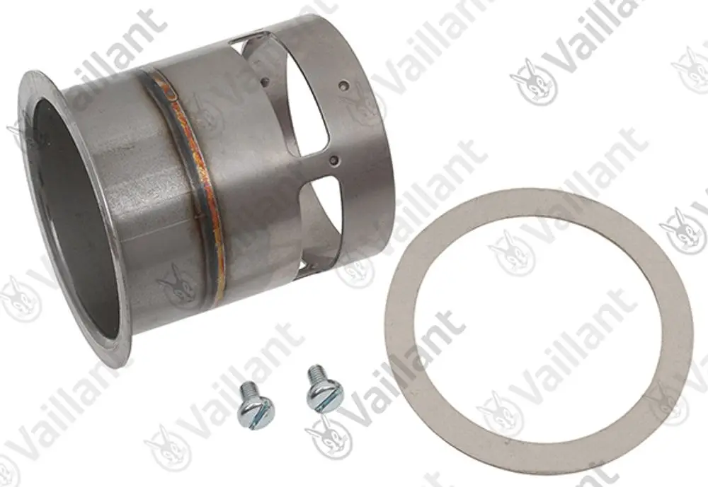 Vaillant Brennerrohr aus Metall mit einem Befestigungsring und Schrauben. Das Rohr hat eine offene Struktur und wird für Heizsysteme verwendet.